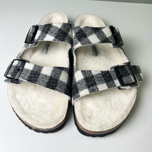Birkenstock Mens Arizona Plaid Black White Shearling Wool Sandal 11 - Picture 4 of 9